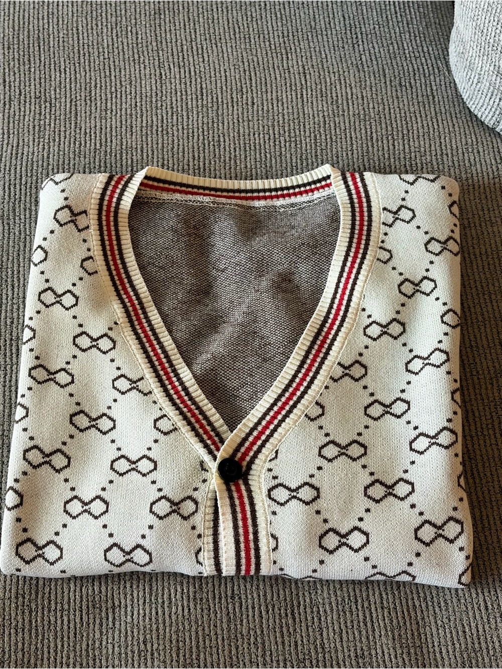 Cream V-Neck Sweater Cardigan with Red-Trim Detail
